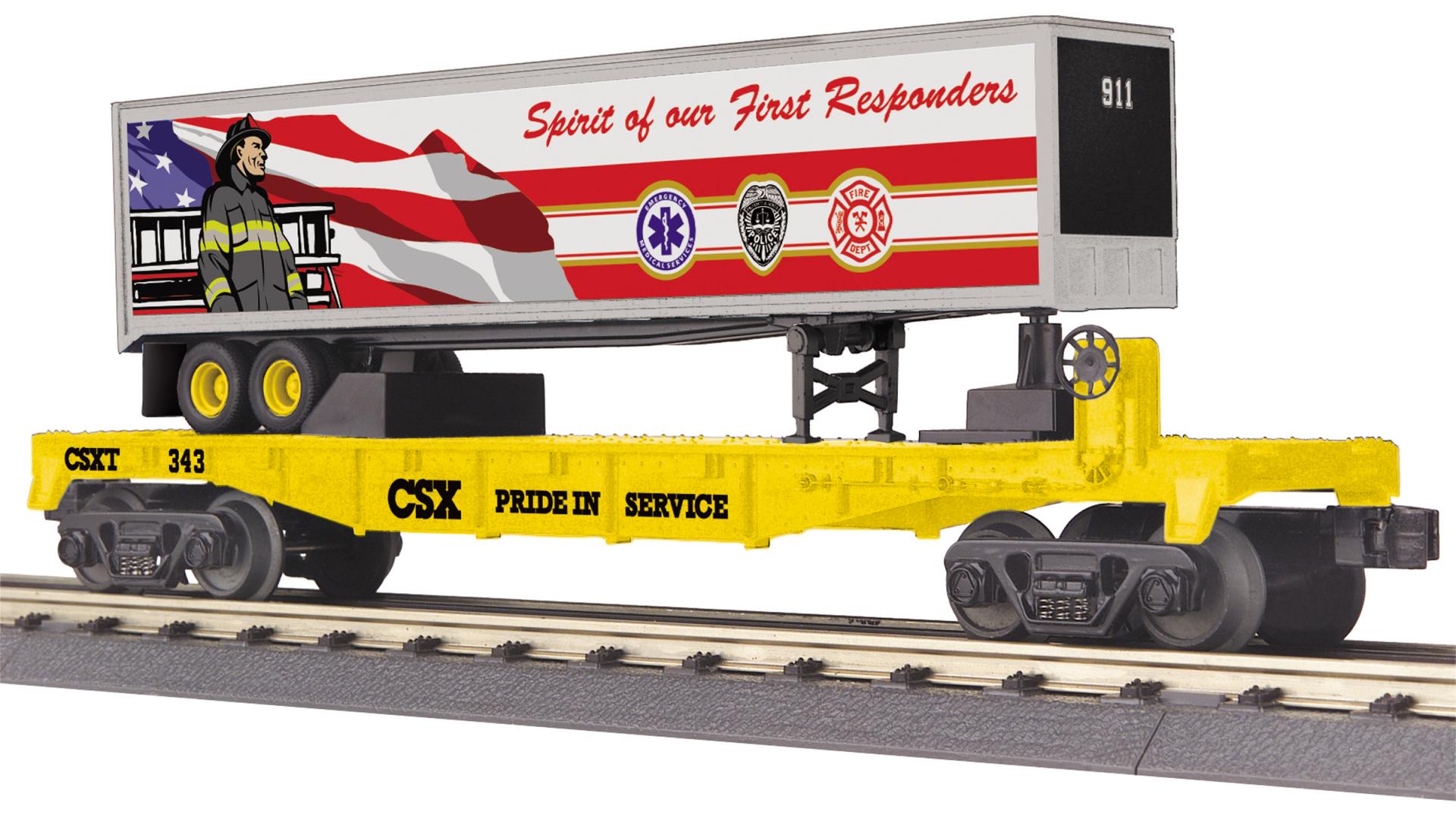 MTH Railking 30-76832 CSX Flat Car w/40' Trailer First Responders O SCALE NEW