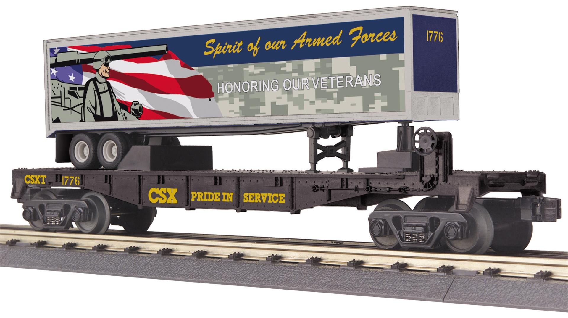 MTH 30-76833 O CSX Veterans RailKing Flat Car w/40' Trailer #1776