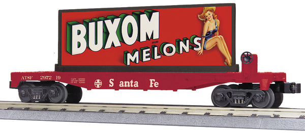 MTH Railking 30-76858 Santa Fe Flat Car w/ Billboard #297219. BUXOM MELONS O SCALE NEW