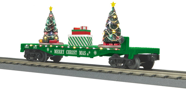 MTH 30-76864 Christmas (Green) Flat Car w/ Lighted Christmas Trees - Limited