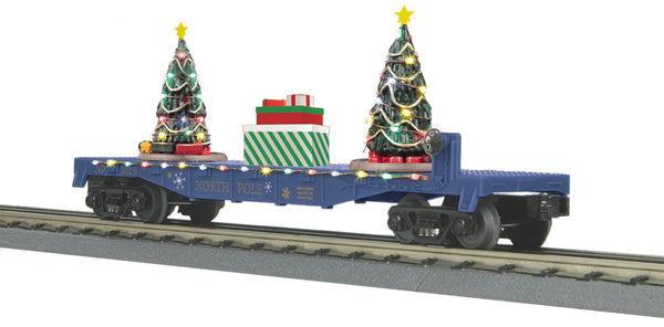 MTH 30-76866 Christmas (Blue) Flat Car w/ Lighted Christmas Trees - Limited