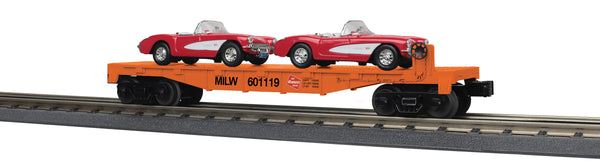 MTH Railking 30-76875 Milwaukee Road Flat Car w/(2) 57 Chevy Corvettes -- Car No. 601119. O SCALE NEW