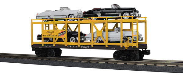 MTH Railking 30-76879 Chicago North Western Auto Carrier Flat Car w/(4) 49 Cadillac Coupe De Villes #46507. O SCALE NEW