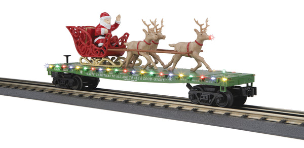 MTH Railking 30-76918 Christmas Flat Car w/LED Lights Santa Sleigh & Reindeer #122524. O SCALE Limited NEW