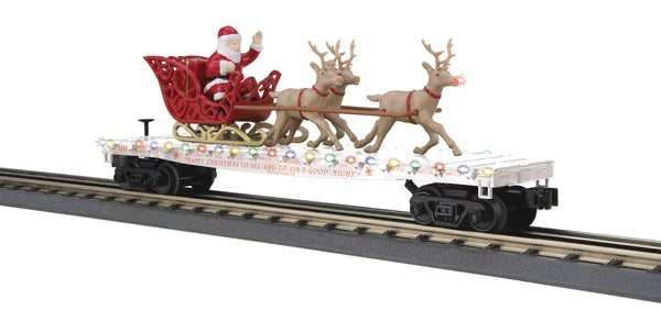 MTH Railking 30-76919 Christmas Flat Car w/LED Lights Santa Sleigh & Reindeer #122524. O SCALE Limited NEW