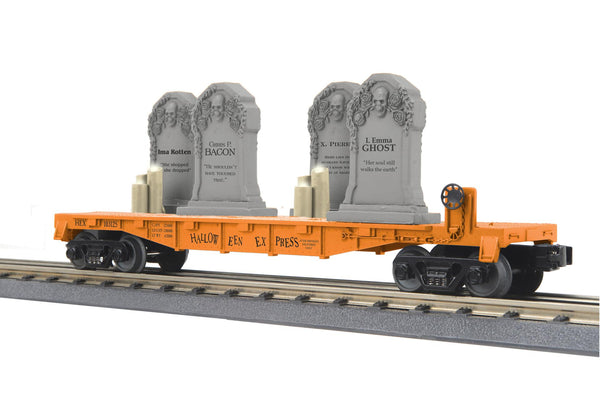 MTH RailKing 30-76926 Halloween Flat Car with headstones and flickering lighted candles #103125 limited O SCALE NEW