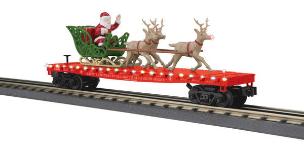 MTH Railking 30-76939 Christmas RED Flat Car w/LED Lights Santa Sleigh & Reindeer limited O SCALE NEW