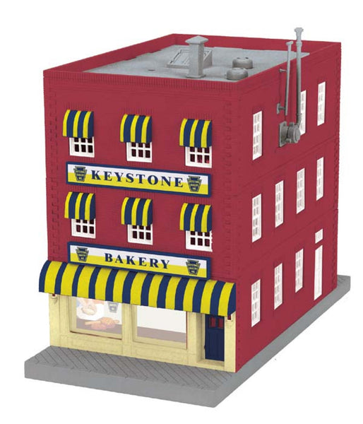 MTH Railking 30-90282 Keystone Bakery 3-Story City Building w/Fire Escape & Blinking Sign O SCALE NEW