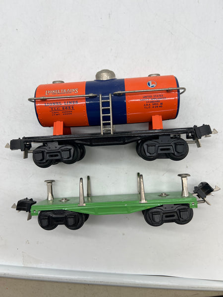 Lionel Set of 2 remake Tinplate Cars 2654 2651 Tank Car Flat Car O SCALE Used Excellent No Box