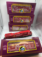 MTH 20-21161-1, 20-92237 Canadian Pacific CP Holiday Train Diesel Engine w/Proto-Sound 3.0 and 4-Car Set 50' Dbl. Door Plugged Boxcar (Set of 1 engine, 4 cars) Lighted O Scale Limited Edition Like New