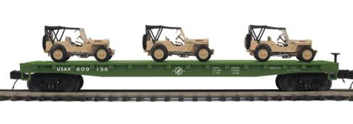 MTH Premier 20-92357B U.S. Army Flat Car with (3) Willys Transport Vehicles #609156 O SCALE NEW