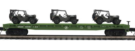 MTH Premier 20-92355C U.S. Army Flat Car #609134 w(3) Willys Transport Vehicles O SCALE NEW