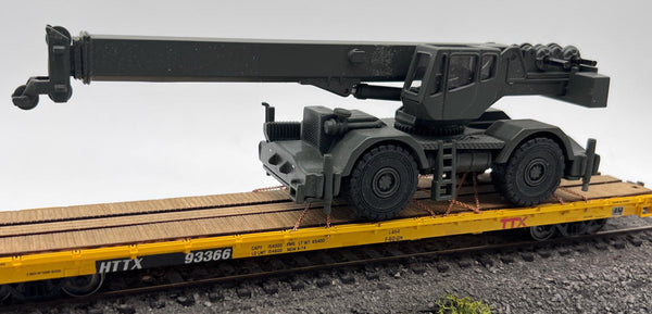 HTX 93366 Flatcar with Chained Down Military Crane HO SCALE Used Excellent No Box