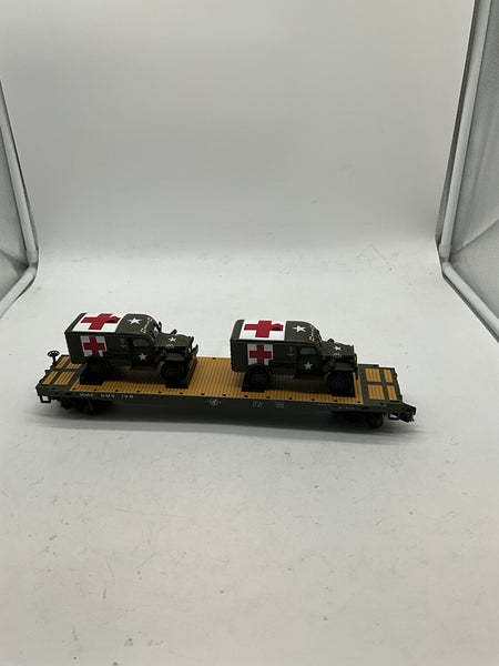 MTH 20-92148C O SCALE U.S. Army Flat Car w/(2) Dodge WC54 Ambulances Like New
