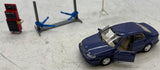 SAAB BLUE CAR WITH LIFT AND TOOL BOX AND SIGN (SWEDISH) APPROX O SCALE Like New No Box