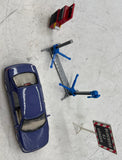 SAAB BLUE CAR WITH LIFT AND TOOL BOX AND SIGN (SWEDISH) APPROX O SCALE Like New No Box