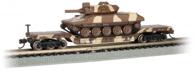 Bachmann 71387 52' Center depressed flatcar with Sheridan tank Desert Camouflage N SCALE