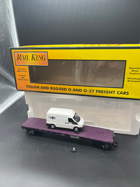 MTH 30-76674 MTHRRC 2017 Flat Car with 1 Ford Transit Van O Scale Used Broken Van AS IS