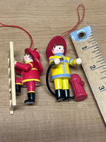 Set of Two Wooden Fire Fighter Ornaments Used Excellent No Box