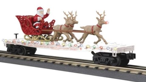 MTH 30-76862 Santa Sleigh & Reindeer-- Christmas (White) Flatcar with LED Lights