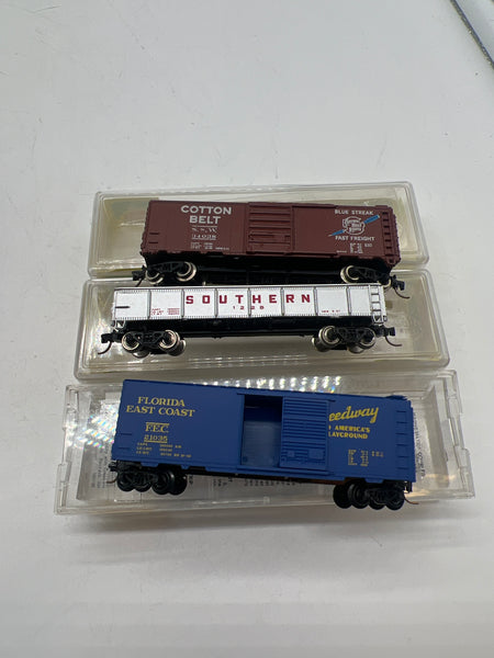 Set of 3 Assorted Freight Cars 003 -- Southern, Florida East Coast, Cotton belt -- N SCALE Like New Like New