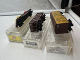 Set of 3 Assorted Freight Cars 001 -- PRR Flatcar w autos, Lehigh valley hopper, bananas reefer N SCALE Like New