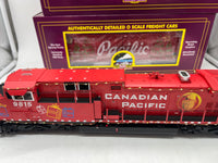 MTH 20-21161-1, 20-92237 Canadian Pacific CP Holiday Train Diesel Engine w/Proto-Sound 3.0 and 4-Car Set 50' Dbl. Door Plugged Boxcar (Set of 1 engine, 4 cars) Lighted O Scale Limited Edition Like New