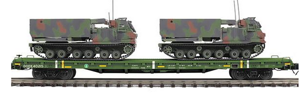 MTH Premier 20-92279C U.S. Army 60' Flat Car w/(2) M270 Rocket Launcher Vehicles (Forest) #40215 O SCALE NEW