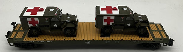 MTH Premier 20-92148E U.S. Army Flat Car w/(2) Dodge WC54 Ambulances Road #609169 O SCALE Like New