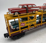 MTH Railking 30-76096 Milwaukee Road Auto Carrier Flat Car w/(4) Chevy Nomads O SCALE Like New