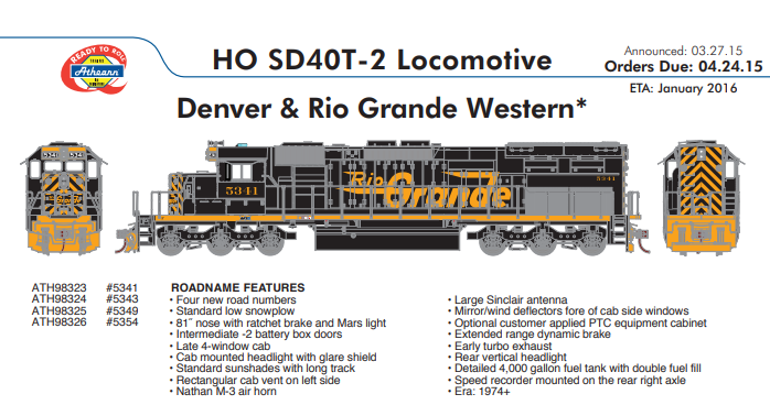 ATHEARN ATH98324 Denver & Rio Grande Western SD40T-2 Diesel Locomotive