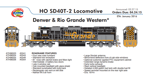 ATHEARN ATH98324 Denver & Rio Grande Western SD40T-2 Diesel Locomotive 5343 DCC READY HO SCALE NEW