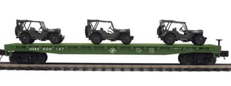 MTH Premier 20-92355D U.S. Army Flat Car with 3 Willy's Transport Vehicles # 609139 O SCALE NEW