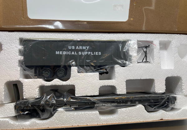 Weaver U23026 LD U.S. Army 50 Flat Car w/ 35 Medical Supplies Trailer 3 rl O SCALE NEW