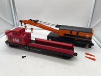 MTH 20-98388, 20-98391 Bessemer & Lake Erie O Scale Crane Car and Crane Tender -  (Set of 2) (Tender has broken piece) O Scale Used Excellent as is