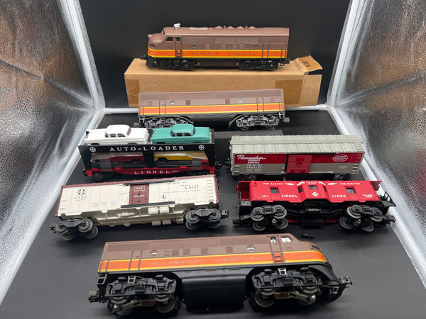 Lionel 6-38358, 6-38377 Illinois Central F3 Freight Set with add-on NonPwd/ Dummy F3A Unit Postwar Celebration Series PWC O Scale Like New