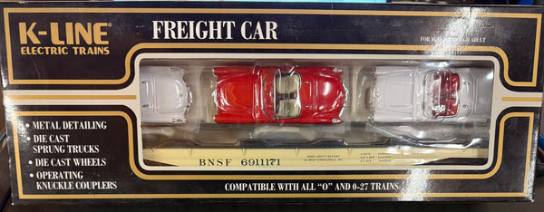 K-Line k691-1171 BNSF Flatcar w 3 Die Cast 1957 Chevy Corvettes O SCALE NEW