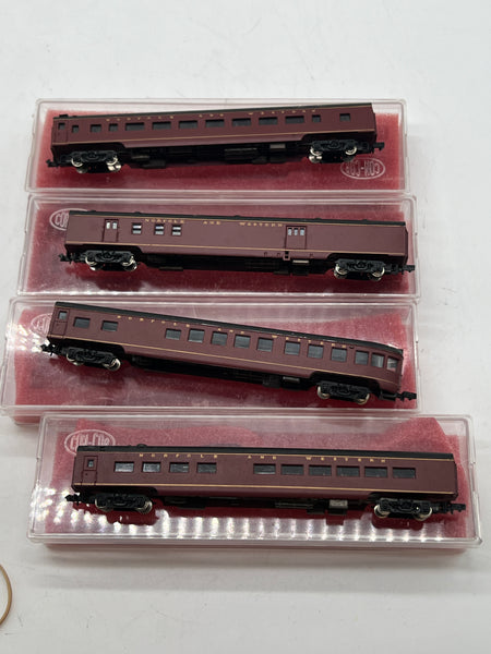 Con-Cor Set of 4 Norfolk Western N&W Passenger cars N SCALE Used Excellent Damaged Box