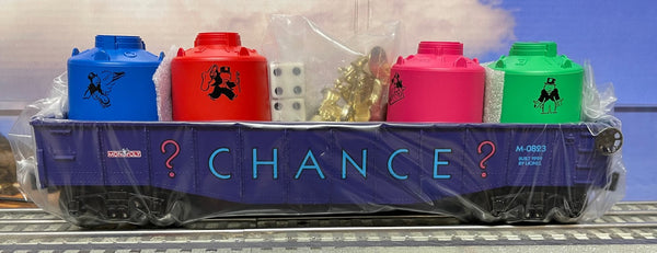 Lionel 6-52185 Monopoly chance gondola with Rich Uncle Pennybags canisters, dice, player pieces O SCALE NEW