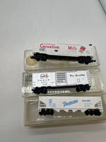 Set of 3 Assorted Freight Cars 007--Domino Sugar, Carnation Milk, DRGW Cookiebox  N SCALE  Like New
