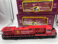 MTH 20-21161-1, 20-92237 Canadian Pacific CP Holiday Train Diesel Engine w/Proto-Sound 3.0 and 4-Car Set 50' Dbl. Door Plugged Boxcar (Set of 1 engine, 4 cars) Lighted O Scale Limited Edition Like New