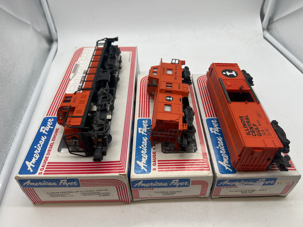 American Flyer Lionel Illinois Central Gulf IC 6-48001, 6-48701, 4-9712 GP-20 Diesel Locomotive, Caboose, & Boxcar S SCALE Like New