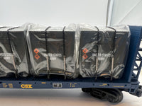 MTH Railking 30-76602 CSX RailKing Flat Car - w/Bulkheads & Army LCL Containers O SCALE Used Excellent No Box