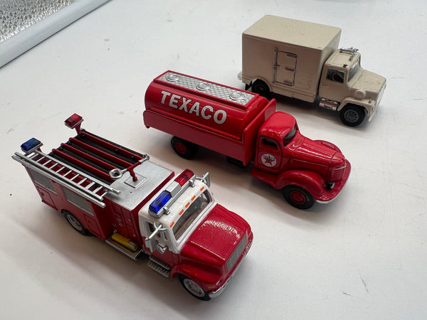 Set of 3 trucks --box truck, fire truck, tanker texaco HO SCALE Used Excellent No Box