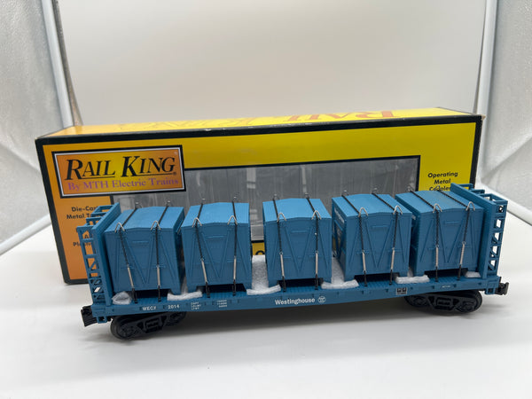 MTH Railking 30-76567 Westinghouse Flat Car - w/Bulkheads & LCL Containers - Westinghouse O SCALE Like New Limited  **Containers Facing Inwards** as is