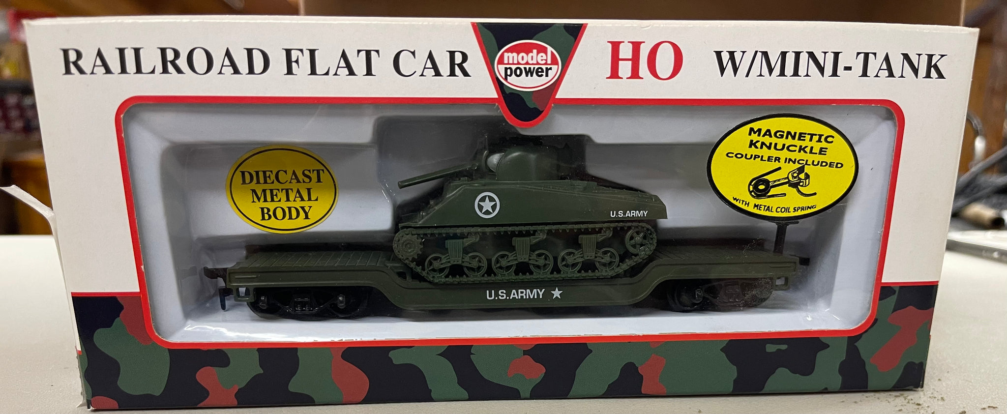 HO Scale Professionally Weathered Military Flat Car with load including TWO U.S. selling Army Sherman Battle Tanks!