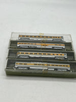 Aurora postage stamp trains set of 4 Union pacific UP Passenger cars yellow/silver N SCALE NEW