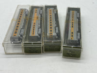 Aurora postage stamp trains set of 4 Union pacific UP Passenger cars yellow/silver N SCALE NEW
