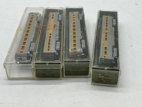 Aurora postage stamp trains set of 4 Union pacific UP Passenger cars yellow/silver N SCALE NEW