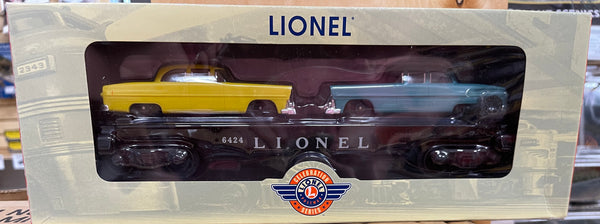Lionel 6-27734 #6424 Flatcar with two automobiles Postwar Celebration Used